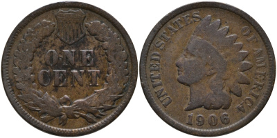 США 1 ЦЕНТ 1906 ИНДЕЕЦ KM 90а бронза 4396-315