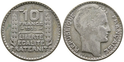 Франция 10 франков 1930 Пьер Тюрен KM 878, Le Franc 360.3 серебро 79-641