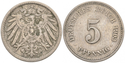 ГЕРМАНИЯ 5 ПФЕННИГОВ 1903 A, KM 11, J. 12 медно-никель 73-1749