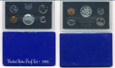 США годовой набор из 5 монет (1, 5, 10, 25 и 50 центов) 1969 в оригинальной упаковке KM PS128 (164a, 192, 195a, 199 и 201) PROOF 8-2-02-17