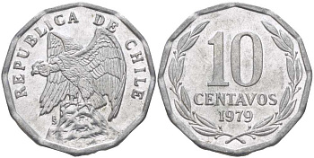 Чили 10 сентаво 1979 KM 205a алюминий 4402-436