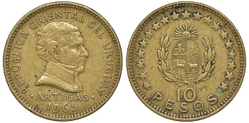 Уругвай 10 песо 1965 KM 48 алюминиевая бронза 4574-545