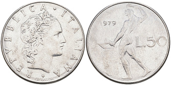 Италия 50 лир 1979 R, Бог огня Вулкан у наковальни KM 95.1 нержавеющая сталь 4529-116