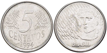 Бразилия 5 сентаво 1997 реформа 1994-, голова свободы влево KM 632 нержавеющая сталь 53-1133