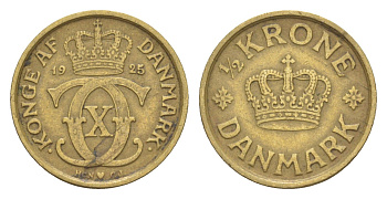 Дания 1/2 кроны 1925 HCN, Кристиан X (1912-1947) KM 831 алюминиевая бронза 4651-1024