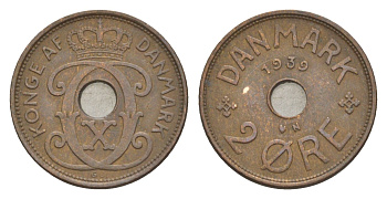 Дания 2 эре 1939 N, Кристиан X (1912-1947) KM 827 бронза 4639-767