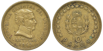 Уругвай 10 песо 1965 KM 48 алюминиевая бронза 4574-545