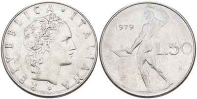 Италия 50 лир 1979 R, Бог огня Вулкан у наковальни KM 95.1 нержавеющая сталь 4529-116