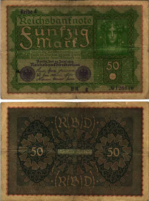 ГЕРМАНИЯ 50 МАРОК 1919 24 ИЮНЯ 1919, REIHE 4, СЕРИЯ HM, ВЫПУСК С ФЕВРАЛЯ 1920 ГОДА Pick 66, Rosenberg 62d бумага 7487-68-2