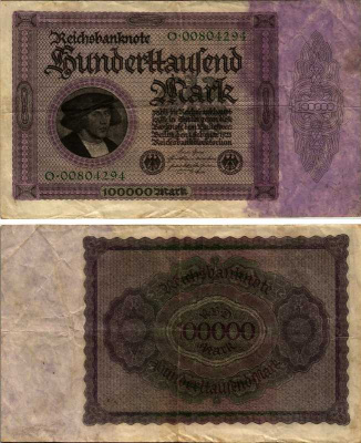 Германия 100000 марок 1923 Георг Гизе, без T под портретом, 8 цифр в номере Розенберг 82 а  бумага 434-7-1-1