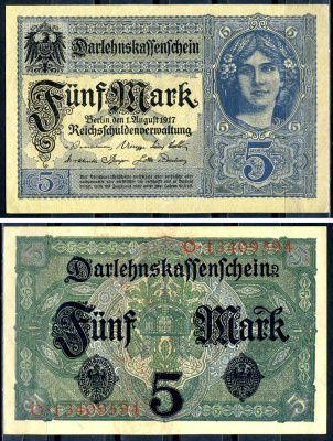 Германия 5 марок 1917 8 значный номер Pick 56 a бумага 8595-23-1-2