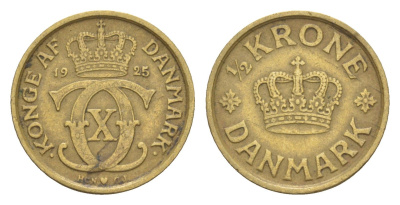 Дания 1/2 кроны 1925 HCN, Кристиан X (1912-1947) KM 831 алюминиевая бронза 4651-1024