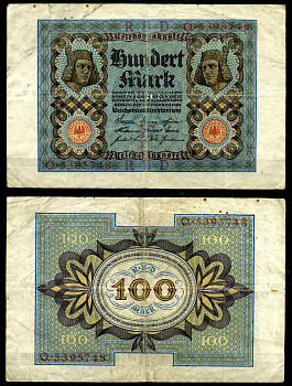 Германия 100 марок 1920 Бамбергский всадник, 7 цифр в номере, буква F, серия Q Pick 69 a, Розенберг 67а  бумага   8617-6-1-2
