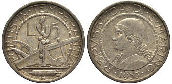 САН-МАРИНО 5 ЛИР 1935 KM 9 серебро 27-1043