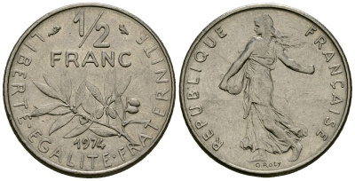 Франция 1/2 франка 1974 сеятель KM 931 никель 4135-656
