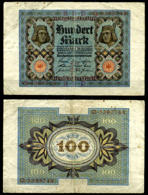 Германия 100 марок 1920 Бамбергский всадник, 7 цифр в номере, буква F, серия Q Pick 69 a, Розенберг 67а  бумага   8617-6-1-2