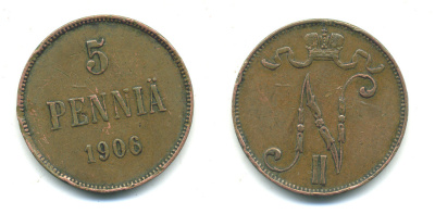 РОССИЯ ДЛЯ ФИНЛЯНДИИ 5 ПЕННИ 1906 НИКОЛАЙ II KM 15, Биткин 447 медь 4381-426