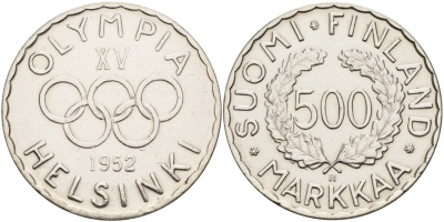 Финляндия 500 марок 1952 H, XV зимние Олимпийские игры в Хельсинки 1952 года KM 35 серебро 69-511