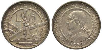 САН-МАРИНО 5 ЛИР 1935 KM 9 серебро 27-1043