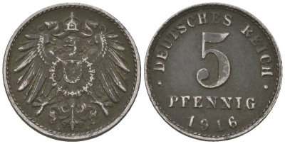 Германия 5 пфеннигов 1916 A, Вильгельм II (1888-1918) KM 19, AKS 17, J 297, Schon DM 20, Neum 33 железо 4588-143