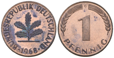 ФРГ 1 пфенниг 1968 G KM 105, J.380 сталь плакированная медью PROOF 1094-7-55