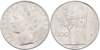 ИТАЛИЯ 100 ЛИР 1964 R, АФИНА У ОЛИВКОВОГО ДЕРЕВА KM 96.1 нержавеющая сталь 4545-633