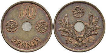 ФИНЛЯНДИЯ 10 ПЕННИ 1941 KM 33.1 медь 100-166