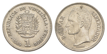 Венесуэла 1 боливар 1989 Симон Боливар, тонкий шрифт Y 52a.1 сталь плакированная никелем 4589-542