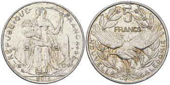 Французская Новая Каледония 5 франков 2014 птица кагу, (IEOM) KM 16, Schoen 12, Lec 81k алюминий 4117-642