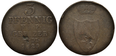 РЕУС-ОБЕРГРАЙЦ 3 ПФЕННИГА 1829 ГЕНРИХ XIX (1817-1836) KM 103, AKS 10, Jaeger 34, Schmidt/Knab 319 медь 4514-512