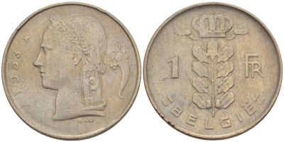БЕЛЬГИЯ 1 ФРАНК 1953 BELGIE, БОДУЭН I (1951-1993) KM 143.1 медно-никель 202-947