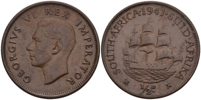 ЮАР 1/2 пенни 1941 Георг VI (1937-1952) KM 24 бронза 4593-1011