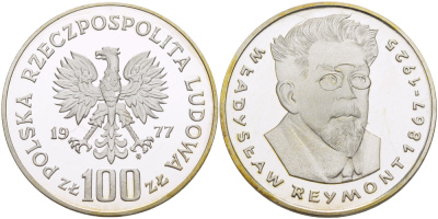Польша 100 злотых 1977 MW, Владислав Реймонт (1867-1925) KM 89, Parchimowicz 278 серебро PROOF 1085-1-13