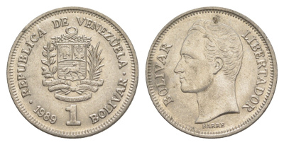 Венесуэла 1 боливар 1989 Симон Боливар, тонкий шрифт Y 52a.1 сталь плакированная никелем 4589-542