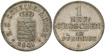 Саксония 1 новый грош - 10 пфеннигов 1841 G, Фридрих Август II (1836-1854) KM 1159 серебро 4547-221