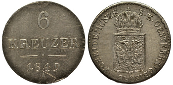Австрия 6 крейцеров 1849 A, Франц Иосиф I (1848-1916) KM 2200 серебро 413-4311