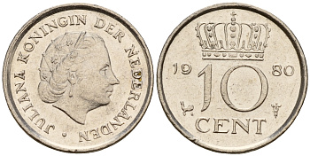 Нидерланды 10 центов 1980 Юлиана (1949-1980) KM 182 никель    4598-342