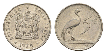 ЮАР 5 центов 1978 герб, райский журавль KM 84 никель 4602-1246