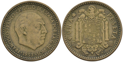 Испания 1 песета 1953 (56) Франсиско Франко (1939 - 1975) KM 775 алюминиевая бронза 4155-332