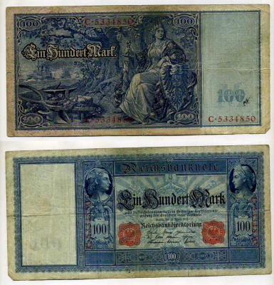 ГЕРМАНИЯ 100 МАРОК 1910 21 АПРЕЛЯ 1910, КРАСНАЯ СЕРИЯ Pick 42 бумага 8610-24-1-2