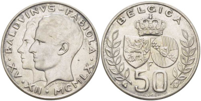 Бельгия 50 франков 1960 БОДУЭН I (1951-1983), КОРОЛЕВСКАЯ СВАДЬБА KM 152.1 серебро 1515-444