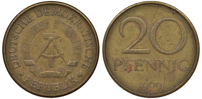 ГДР 20 пфеннигов 1969 А, первый год KM 11 латунь 62-945