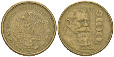 Мексика 100 песо 1987 Мо, Венустиано Карранса де ла Гарса KM 493 алюминиевая бронза 186-931