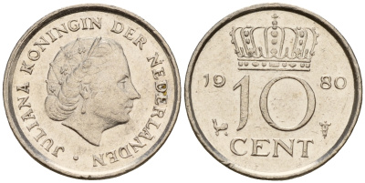 Нидерланды 10 центов 1980 Юлиана (1949-1980) KM 182 никель    4598-342