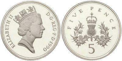 Великобритания 5 пенсов 1990 Елизавета II (1952-2022) KM 937a, Spink D3 серебро PROOF 1066-4-15