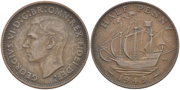 Великобритания 1/2 пенни 1949 Георг VI (1936-1952) KM 868, Spink 4118 бронза 84-1344