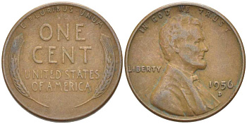 США 1 ЦЕНТ 1956 D, ЛИНКОЛЬН KM А132 медь цинк 218-1026