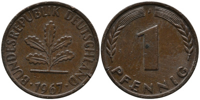 ФРГ 1 пфенниг 1967 J KM 105, J.380 сталь плакированная медью 99-261