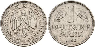 ФРГ 1 марка 1956 D KM 110, J.385 медно-никель    4153-525