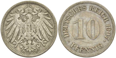 Германия 10 пфеннигов 1907 G KM 12, J. 13, Weege 8 медно-никель 259-954